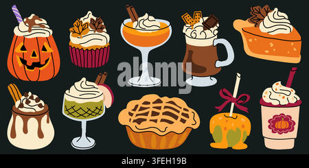 Autumn festive sweets and hot seasonal drinks doodle vector set for cafe menu Stock Vector
