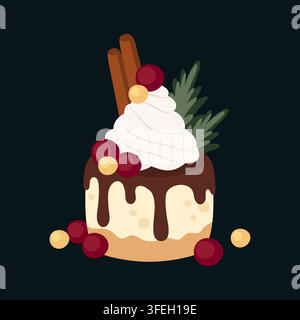 Chocolate Christmas mini cake flat vector illustration for holiday menu Stock Vector