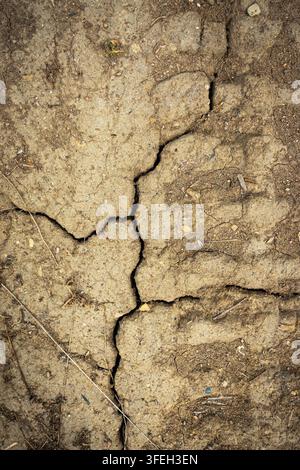 Close-up of dry cracked earth and hardened mud, showing drought-like ground texture, fissures and natural erosion patterns Stock Photo