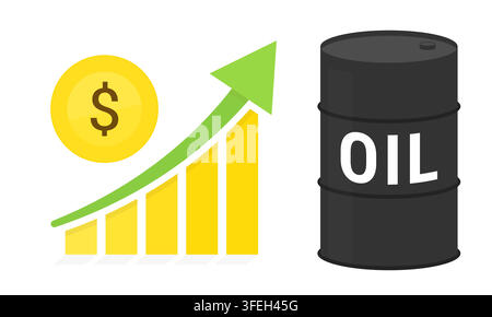 Oil price growth chart with dollar coin and crude oil barrel illustration Stock Vector