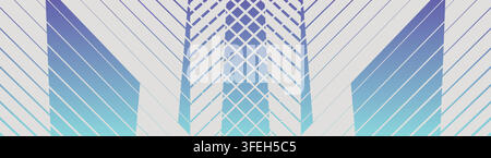 Abstract geometric backdrop with blue gradient diagonal stripes, mirrored chevron panels, and lattice center composition. Wide vector banner graphic Stock Vector