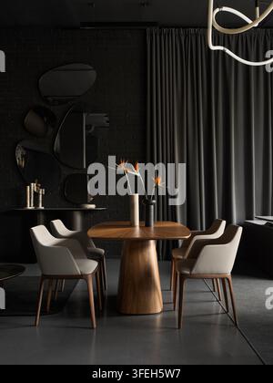 Elegant dark modern dining room with wood furniture Stock Photo