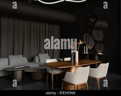 Elegant dark modern living room and dining area Stock Photo