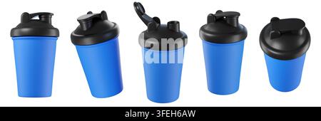 3d blue shaker bottles with black lids isolated on background. Ideal for fitness product shoots, gym branding, and wellness campaigns. Stock Photo