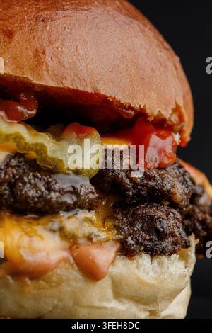 Extreme close up of a delicious double cheeseburger Stock Photo