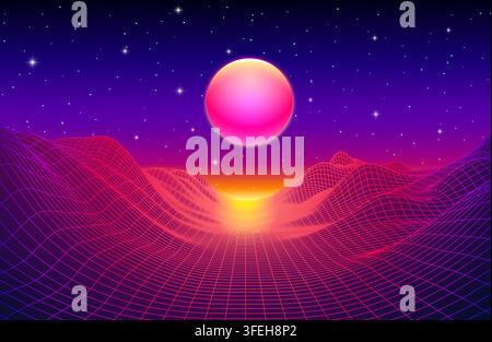 Glowing pink sun floating above neon wireframe canyon under starry purple sky Stock Vector