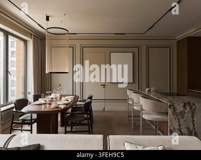 Elegant dining room and kitchen in a modern apartment Stock Photo