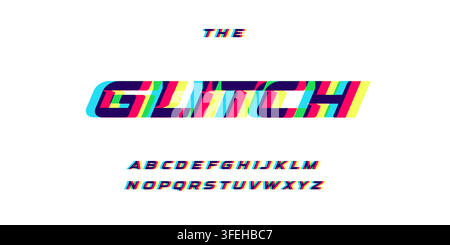 Glitch overprint letters and numbers set. Glowing red blue yellow spectrum effect style vector latin alphabet. Font for cyber sport, racing, automotiv Stock Vector