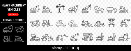 Heavy Machinery Vehicles Editable Stroke Vector Icon Set for Construction Stock Vector