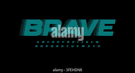 Brave Futuristic Font Line Halftone Blur Logo Alphabet, Bold Italic Rounded Letter Set. Modern Typographic Design for Tech Forum Dynamic Title, HUD Stock Vector