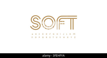 Geometric outline font alphabet, elegant gold monoline letters, SOFT display word. Modern luxury typography, logo branding, fashion, packaging use Stock Vector