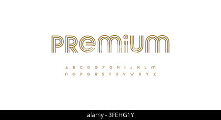 Premium geometric font alphabet, gold triple-line letters, modern Art Deco typography. Luxury branding, logos, headlines, packaging. Elegant display Stock Vector