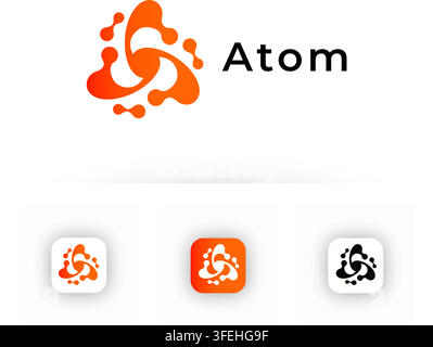 Atom logo featuring three interlocking orbital shapes around a central core with molecular nodes in an orange and red gradient. Ideal for science Stock Vector