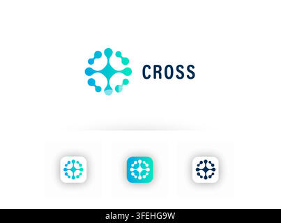 Modern cross logo featuring connected molecular branches around a central geometric core in a blue and turquoise gradient. Ideal for technology Stock Vector