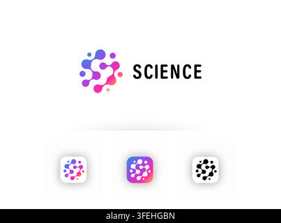 Modern science logo featuring an abstract circular network of connected molecular nodes and organic shapes in a blue, purple, pink, and orange Stock Vector