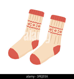 Cozy knitted winter socks with red Nordic pattern vector illustration Stock Vector