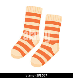 Orange striped knitted socks vector illustration isolated on white background Stock Vector