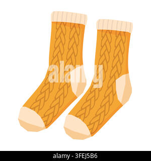 Mustard yellow cable knit winter socks vector illustration isolated on white background Stock Vector