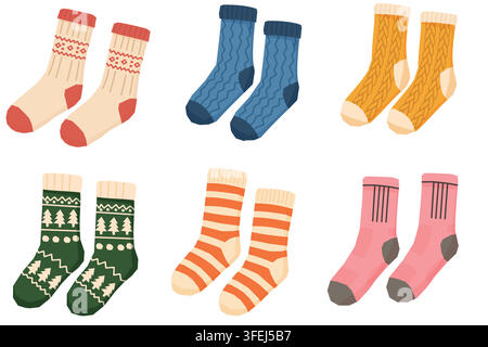 Colorful knitted winter socks collection with different patterns vector illustration Stock Vector