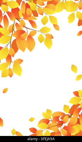 Vector illustration featuring autumn branches. Vertical banner with orange and yellow beech leaves. Leaf fall season. Elm leaves gently drift down and flutter in the wind. Clip art for sales events. Stock Vector