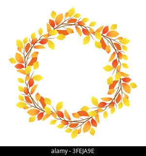 Round frame made of autumn beech branch. Orange and yellow elm leaves in wreath. Vector illustration of falling leaves. Template for seasonal discounts offers. Stylized branch for Thanksgiving. Stock Vector