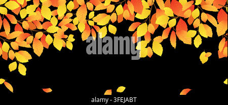 Vector border featuring autumn branches. A horizontal seamless pattern with orange and yellow beech leaves on black. Leaf fall season. Elm leaves drift down and flutter in the wind. Clipart for sales. Stock Vector