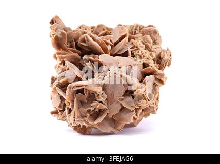 Large Desert rose, crystal formation of gypsum and sand on white background. It is considered a healing stone. Stock Photo