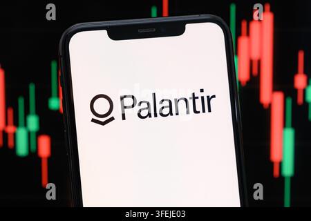 Paris, France - September 4, 2026 : Palantir logo displayed on a smartphone screen with stock market charts. Stock Photo