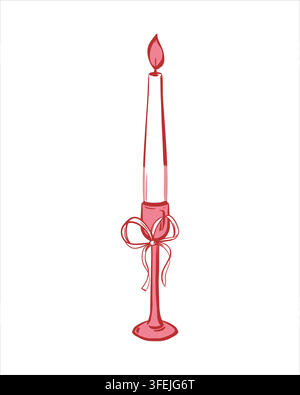 Sketch of a candle decorated with a bow. Burning candle in a candlestick creates festive, romantic or cozy atmosphere at home. Hand drawn vector illustration. Retro clip art in a coquette style. Stock Vector