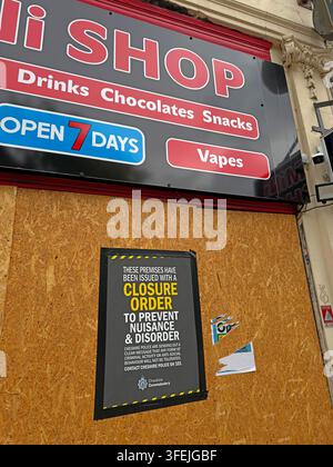 Police Closure Order notice on a boarded vape shop in Warrington town centre, by Cheshire police constabulary order Stock Photo