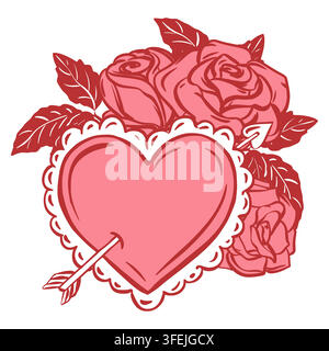 Vector composition with a heart and roses. A pink heart pierced by Cupid's arrow. The drawing imitates a quick ink sketch. Valentine's Day clipart. Coquette style. A symbol of love and passion. Stock Vector