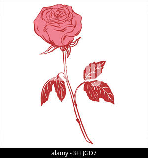 Vector sketch of a pink rose. A stylized flower on a stem with leaves. The drawing imitates a quick ink sketch. A symbol of love for a retro tattoo. Coquette style. Stock Vector