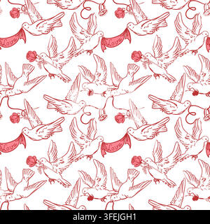 Seamless wedding pattern. Vector image of flying doves. White doves hold wedding rings in their beaks. Symbol of love and fidelity. Valentine's Day clipart. Outline drawing. Coquette style background. Stock Vector