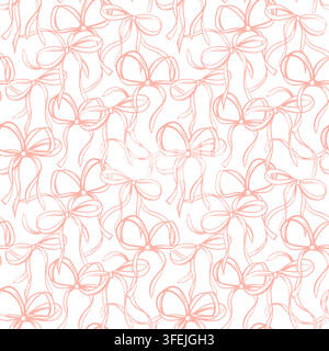 Seamless pattern of stylish pink bows. Vector wedding background or Valentines Day. Hand drawn monochrome Line ink sketch. Festive romantic event Decor in Coquette style. Stock Vector