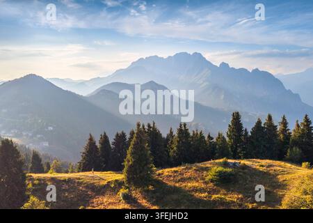 The panoramic view over Presolana massif in summer from Croce del Vareno. Angolo Terme, Valcamonica, Brescia district, Lombardy, Italy. Stock Photo