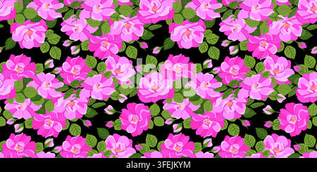 Vector pattern of pink roses on black. Seamless background of wild roses. A symbol of love and passion. Clipart for Valentine's Day cards, weddings, and Mother's Day. For perfumes and cosmetics. Stock Vector