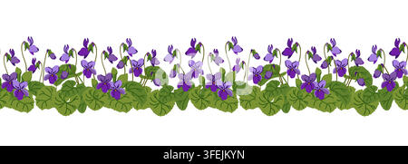 Sweet violet seamless pattern. Vector horizontal border. Plant, leaves, and purple flowers. Bush with blooming Viola odorata. Cosmetic, perfume, and medicinal plants. Hand drawn violet Pansy. Stock Vector