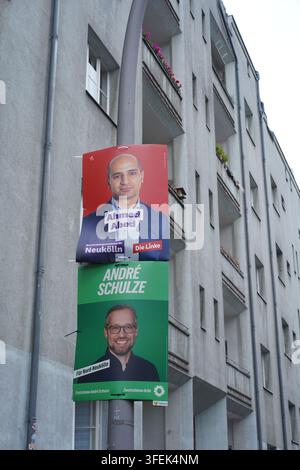 Berlin, Germany - September 4, 2026: Election campaign posters of candidates Ahmed Abed (The Left) and André Schulze (The Greens) in Neukölln. Stock Photo