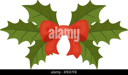 Lovely hand drawn Christmas holly branch with bright red satin bow vector. Festive cartoon winter foliage decoration. Great for retro holiday wrapping paper greeting cards and gift tags. Stock Vector