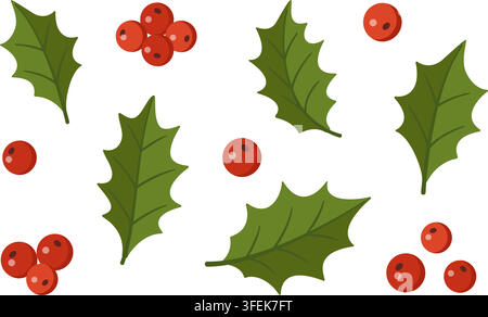 Pretty hand drawn Christmas holly leaves and berries vector set. Magnificent flat style isolated separate elements collection for diy craft project. Great for festive holiday pattern and card maker. Stock Vector