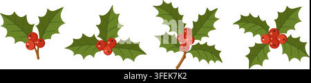 Splendid hand drawn Christmas holly berry vector element set. Four winter mistletoe branch icons isolated. Perfect for festive holiday sticker design and craft diy. Stock Vector