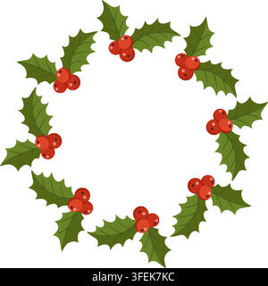 Exquisite hand drawn Christmas holly berry wreath vector. Beautiful flat style circular foliage frame isolated. Perfect for holiday greeting cards badges and logo design, web. Stock Vector