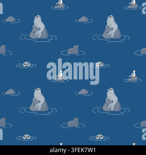 Seal, seagull and stones seamless pattern on dark blue background. North ocean backdrop with sea lions floating in water. Arctic theme print for fabric,childish clothes, wrapping paper Stock Vector