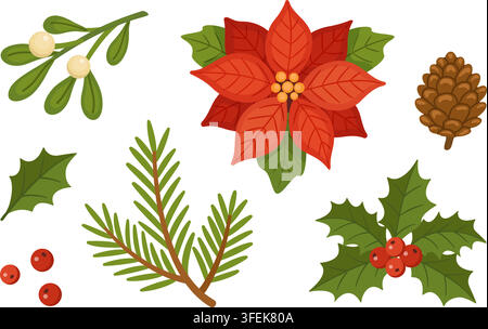 Splendid hand drawn Christmas floral elements vector set. Delightful flat style winter poinsettia mistletoe and holly collection isolated on transparent background. Perfect for holiday DIY craft. Stock Vector