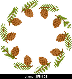 Beautiful hand drawn Christmas pine cone wreath vector. Exquisite flat style circular evergreen branch frame isolated. Perfect for winter holiday greeting cards and badges. Stock Vector