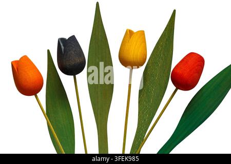 4 four carved wooden tulips red yellow orange and blue with green leaves set on white background Stock Photo