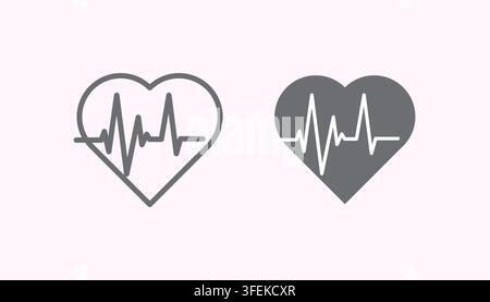 Heart shape with ecg heartbeat line inside shown in outline and filled style for medical and cardiology design elements. Stock Vector