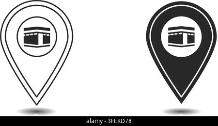 Simple map pin icons with Kaaba inside, perfect for Islamic navigation, Mecca location tagging, travel apps, and pilgrimage guides. Stock Vector