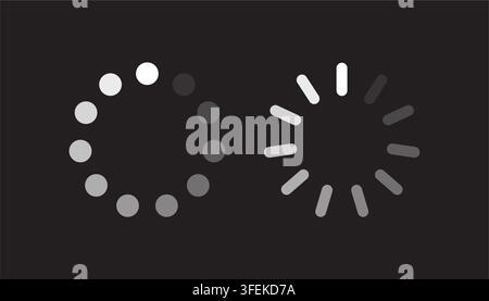 Minimalist loading spinner and buffer icon set on dark background showing web progress process and waiting status. Stock Vector