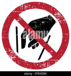 No reaching in, ISO 7010 P015 Prohibition Sign, Distressed Grunge Texture, Weathered Worn Safety Pictogram, Red Evacuation Fire Warning Symbol Stock Vector